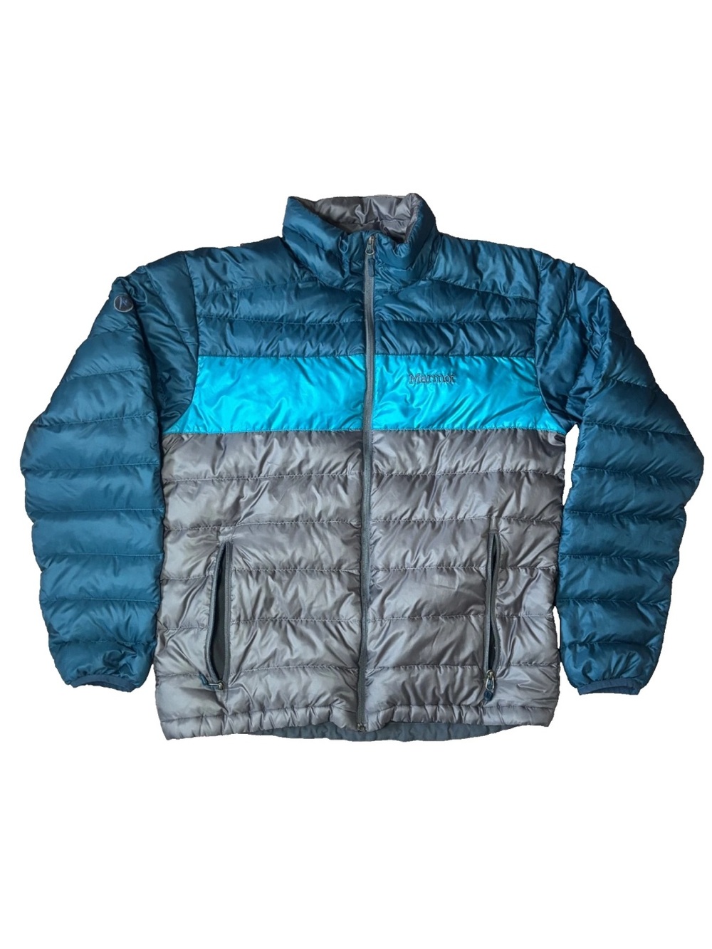 Marmot Ares Down Jacket Mens Colorblock Puffer Gray Teal Blue 700 Fill Small M/L